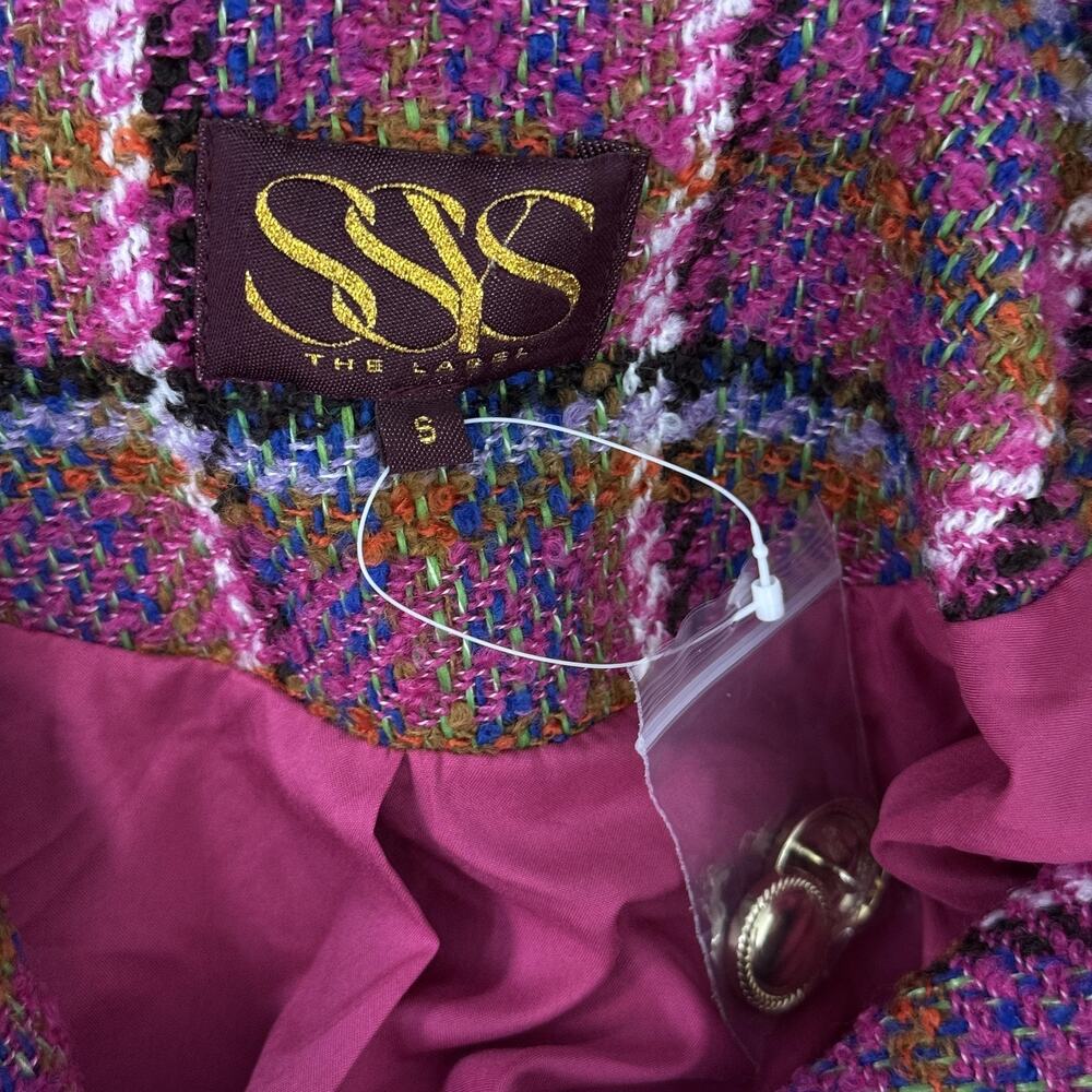 SSYS The Label Jacket Womens Small Carrie Magenta Tweed Plaid Gold Button Preppy - Picture 3 of 10